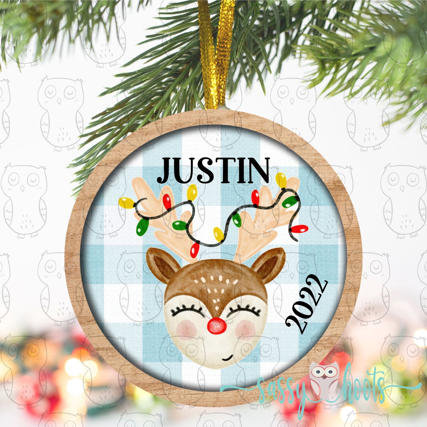 Personalized Christmas Ornament - Light Blue Gingham Boys Reindeer with Lights