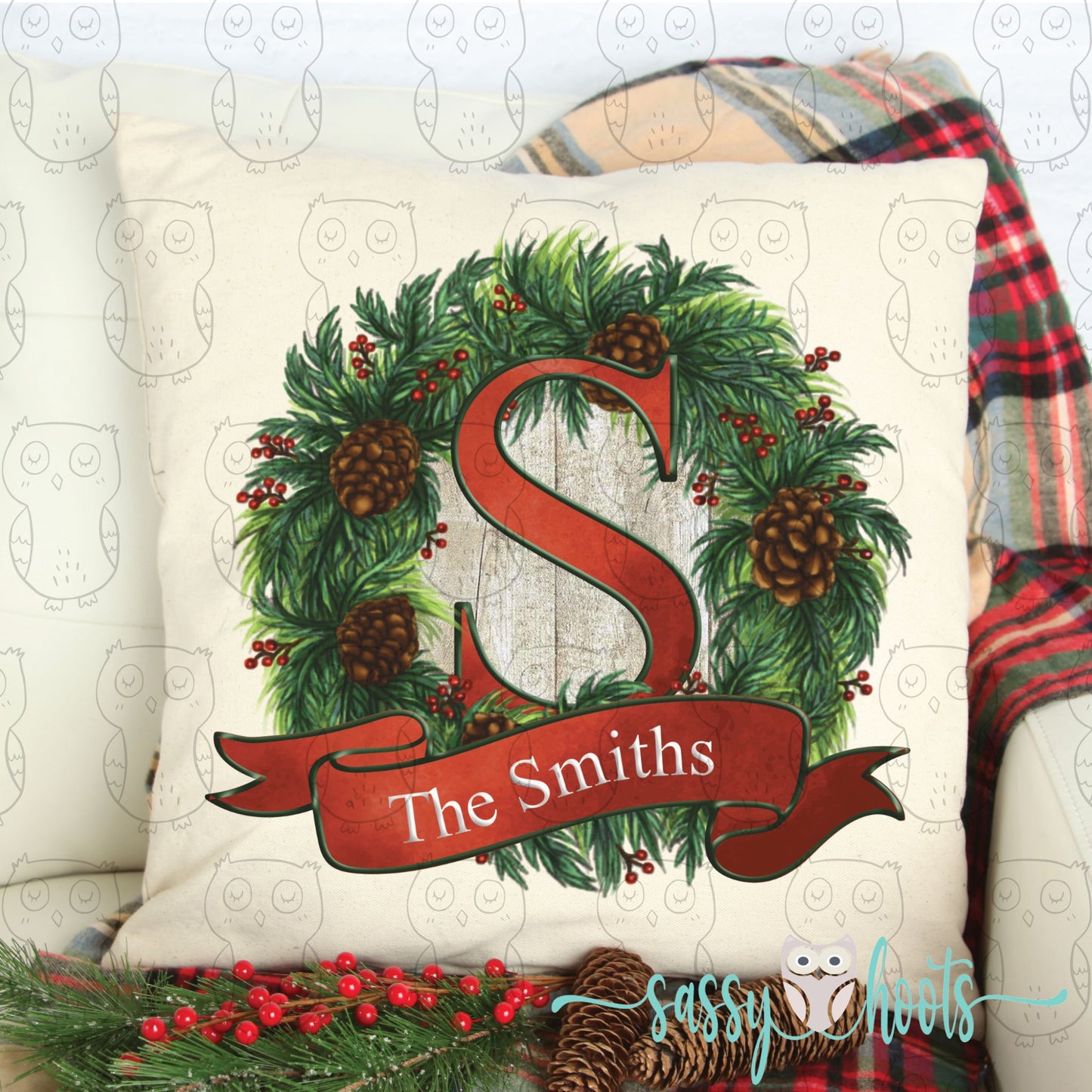 Christmas Pillow Cover - Last Name Wreath