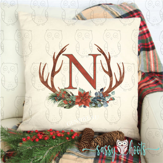 Decorative Christmas Pillow Cover - Deer Antlers Initial Monogram