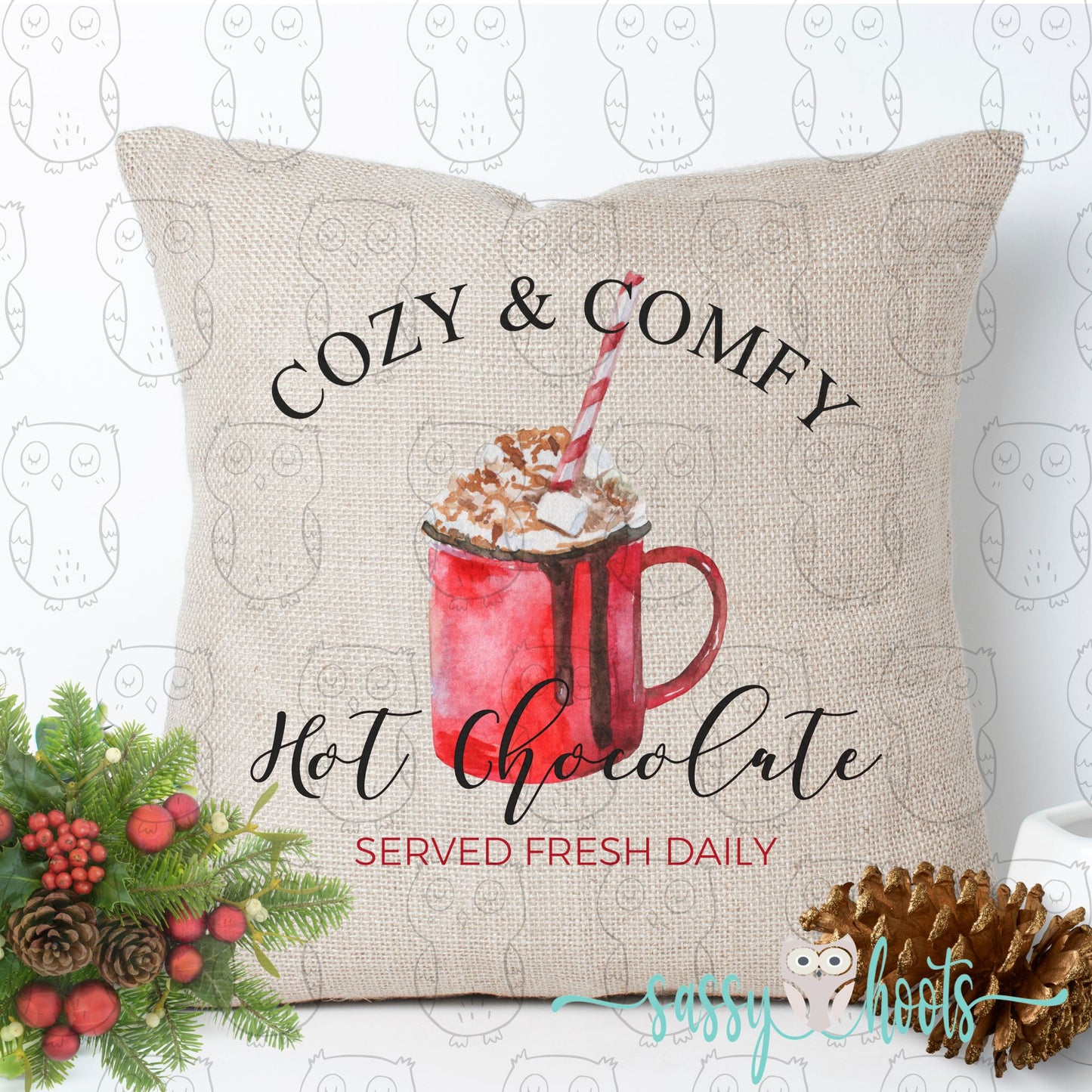 Decorative Christmas Pillow Cover - Comfy Cozy Hot Chocolate