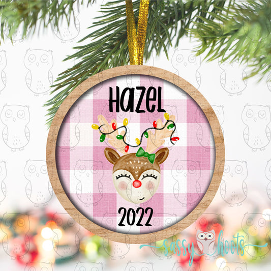 Personalized Christmas Ornament - Pink Gingham Girls Reindeer Lights