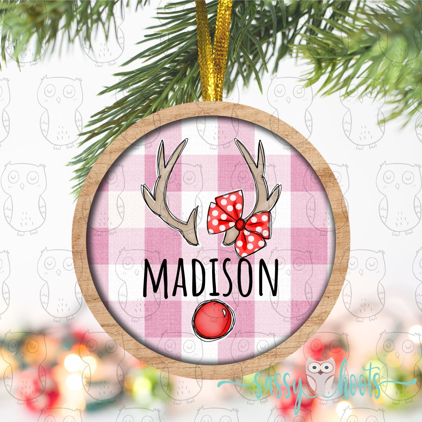 Personalized Christmas Ornament - Pink Gingham Girls Reindeer Antlers with Bow