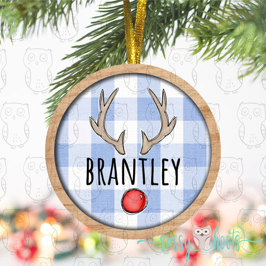 Personalized Christmas Ornament - Blue Gingham Boys Reindeer Antlers