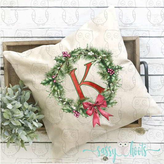 Personalized Christmas Pillow Cover - Initial Monogram Wreath