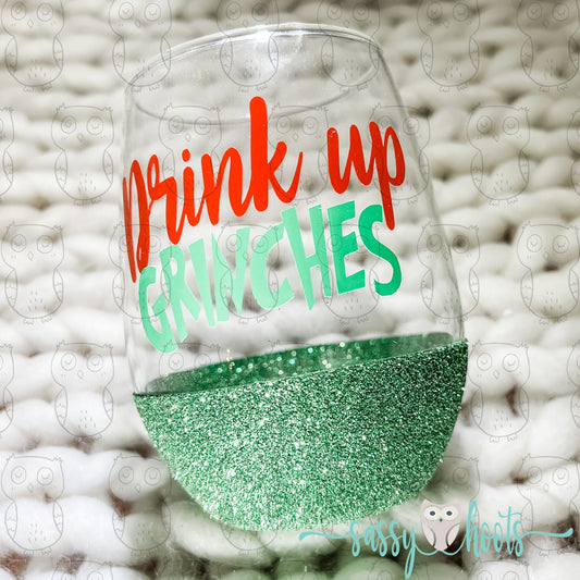 Glitter Dipped Stemless Wine Glass - Drink Up Grinches