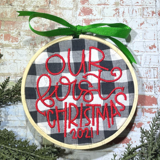 Embroidery Hoop Ornament - Our First Christmas Buffalo Plaid