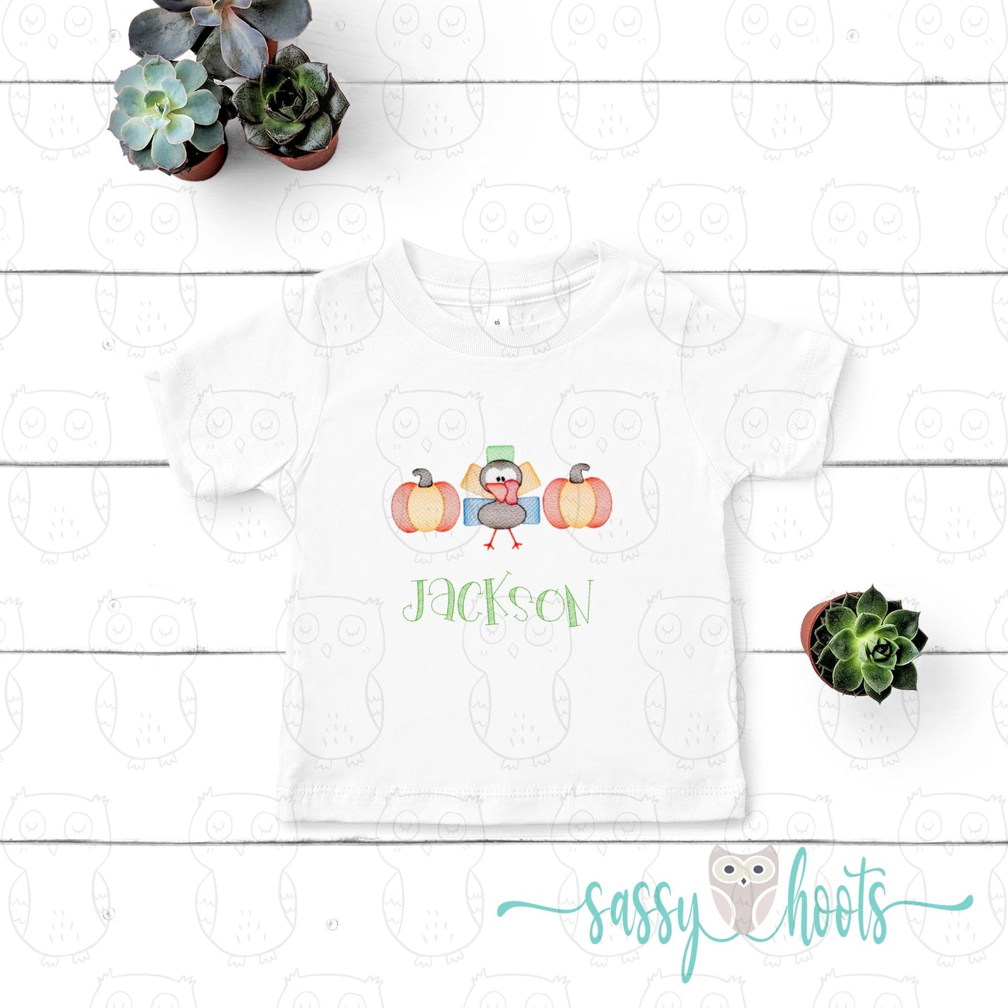 Thanksgiving Kids Turkey Pumpkin Embroidery Sketch Shirt